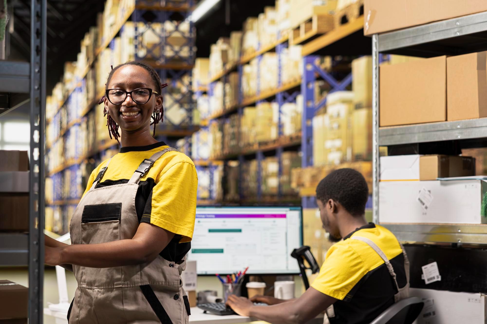 Warehouse staff managing inventory and stock on a computer
